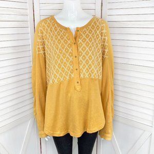 Free People Free Spirt Embroidered Knit Henley Top Peach Fuzz XS